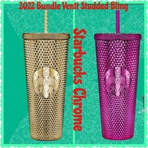 SET Starbucks Holiday 2022 Sangria & Gold Bling Chrome Studded Tumblers